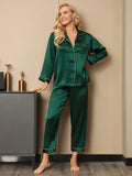 SilkSilky-FR Pure Soie Manches longues Revers Femme Pyjamas Vert 002