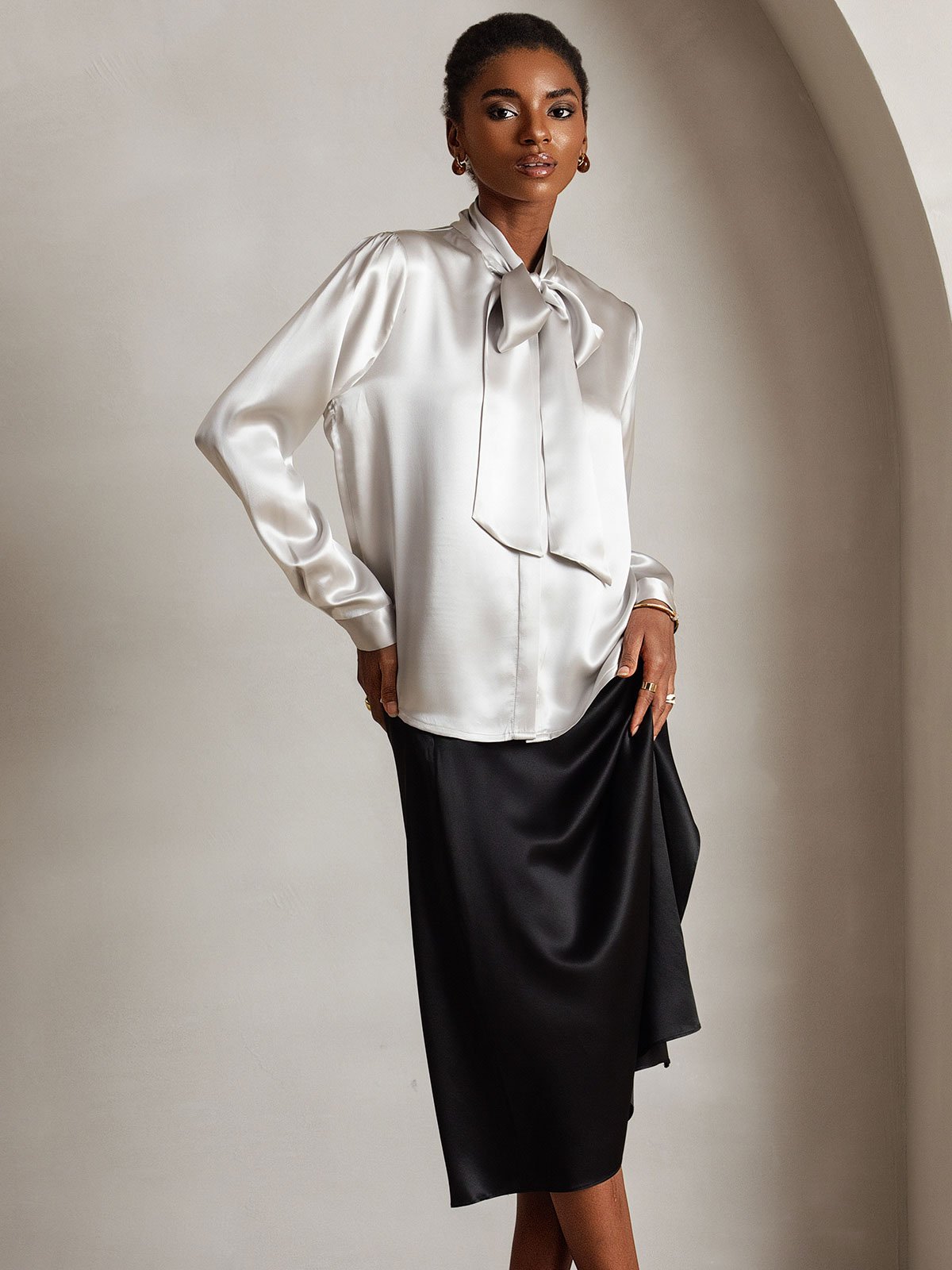 [Gris Clair] SilkSilky-FR 19Momme Manches longues À Nouer Blouse 004