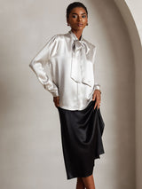 [Gris Clair] SilkSilky-FR Long Sleeve Tie Neck Blouse 004