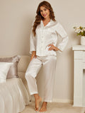 SilkSilky FR Pure Soie Manches longues Revers Femme Pyjamas Blanc 002