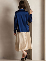 [Bleu Foncé] SilkSilky-FR 19Momme Manches longues Col à Revers Femme Chemise 002