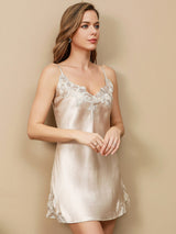 [Beige] SilkSilky-FR Sleeveless V Neck Chemises de nuit 003