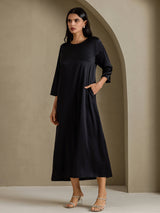 [Noir] SilkSilky-FR 3/4 Sleeve Round Neck Robes 006