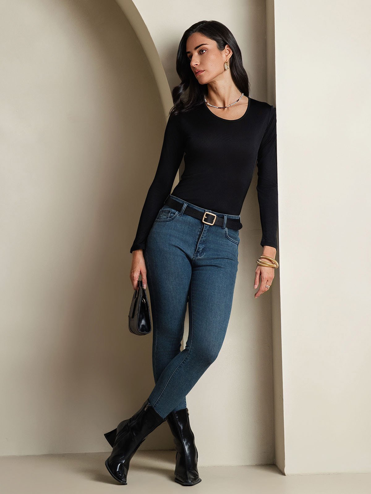 [Noir] SilkSilky-FR Manches longues Col Rond Femme T-Shirt 005