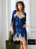 SilkSilky FR Pure Soie Trois quart Nightgown&Robe Set BleuFoncé 006