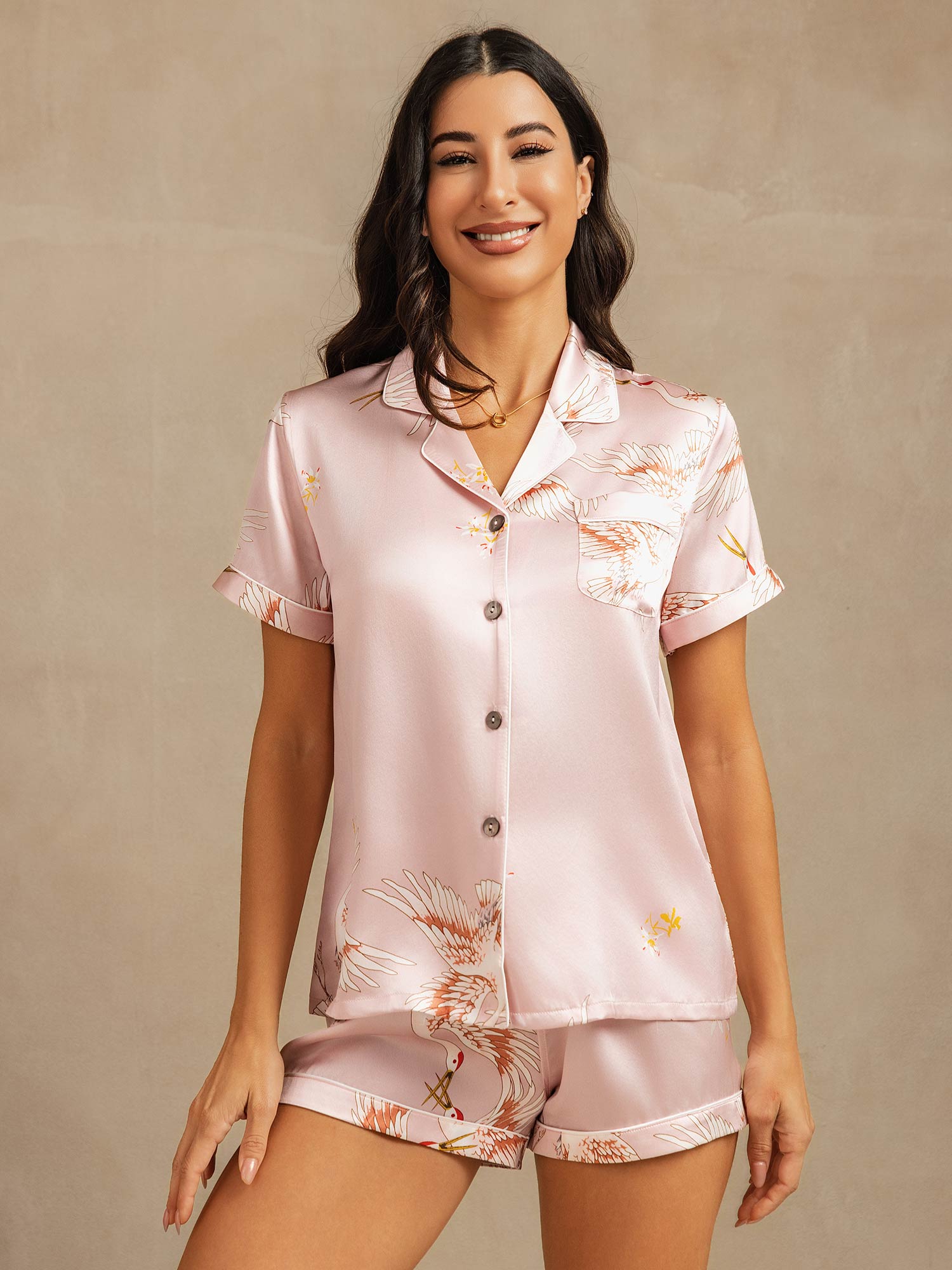 [Rose] SilkSilky-FR Short Sleeve Lapel Collar Femme Pyjamas 001