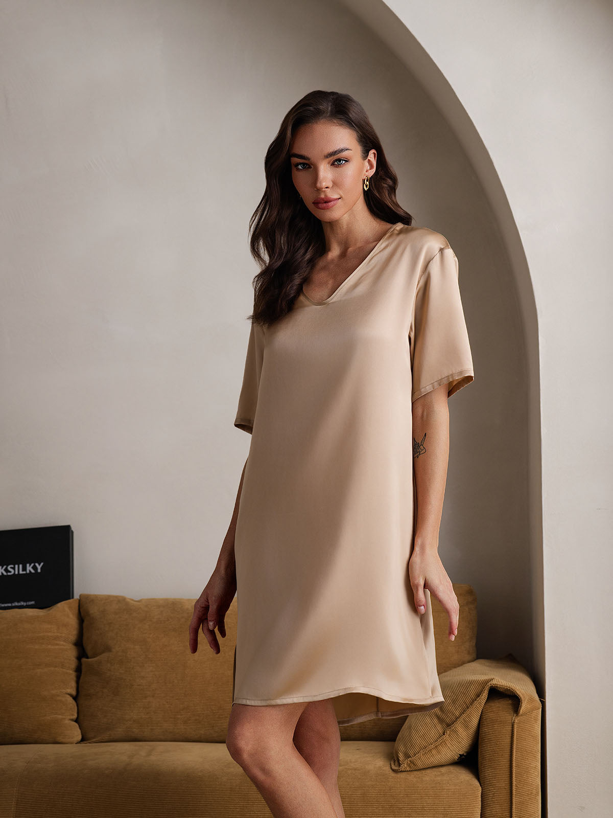 [Champagne] SilkSilky-FR Pure Soie Col en V Chemises de nuit 005