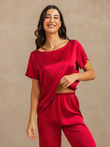 [Rouge Vineux] SilkSilky-FR 19Momme Manches courtes Femme Pyjamas 008