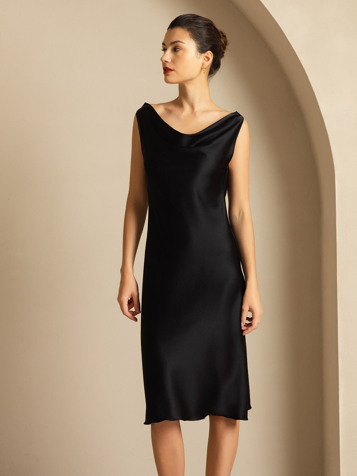 [Noir] SilkSilky-FR 19Momme Soie Col Bénitier Robes 007