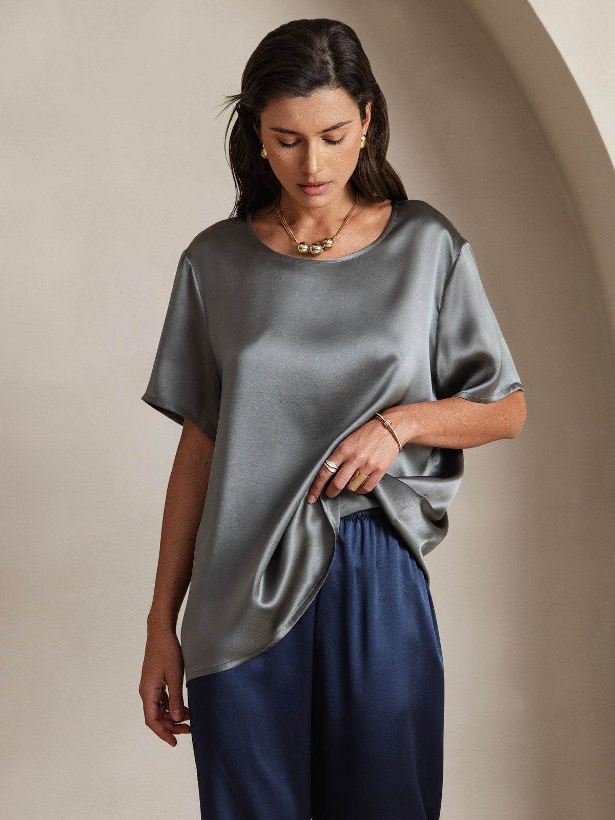 SilkSilky-FR Pure Soie Manches courtes Col Rond Femme T-Shirt GrisFoncé 003