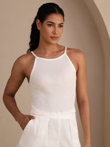 [Blanc] SilkSilky-FR Sleeveless Crew Neck Top À Fines Brides 001