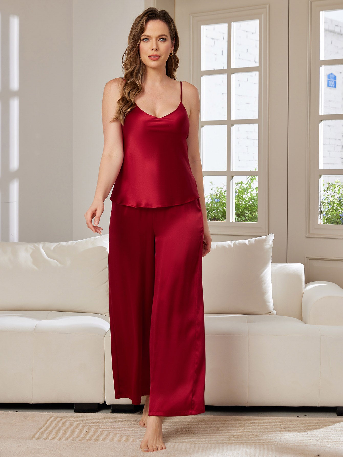 SilkSilky FR Pure Soie Sans manches Col en V Ensemble Camisole RougeVineux 003