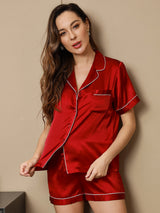 [Rouge Vineux] SilkSilky-FR Manches courtes Col Cranté Femme Pyjamas 004