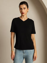 [Noir] SilkSilky-FR Manches courtes Col V Femme T-Shirt 005