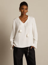 [Blanc] SilkSilky-FR Long Sleeve V Neck Blouse 003