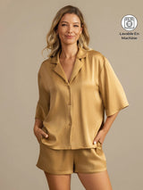 [Tan] SilkSilky-FR 19Momme Manches mi-longues Col Cranté Femme Pyjamas 001