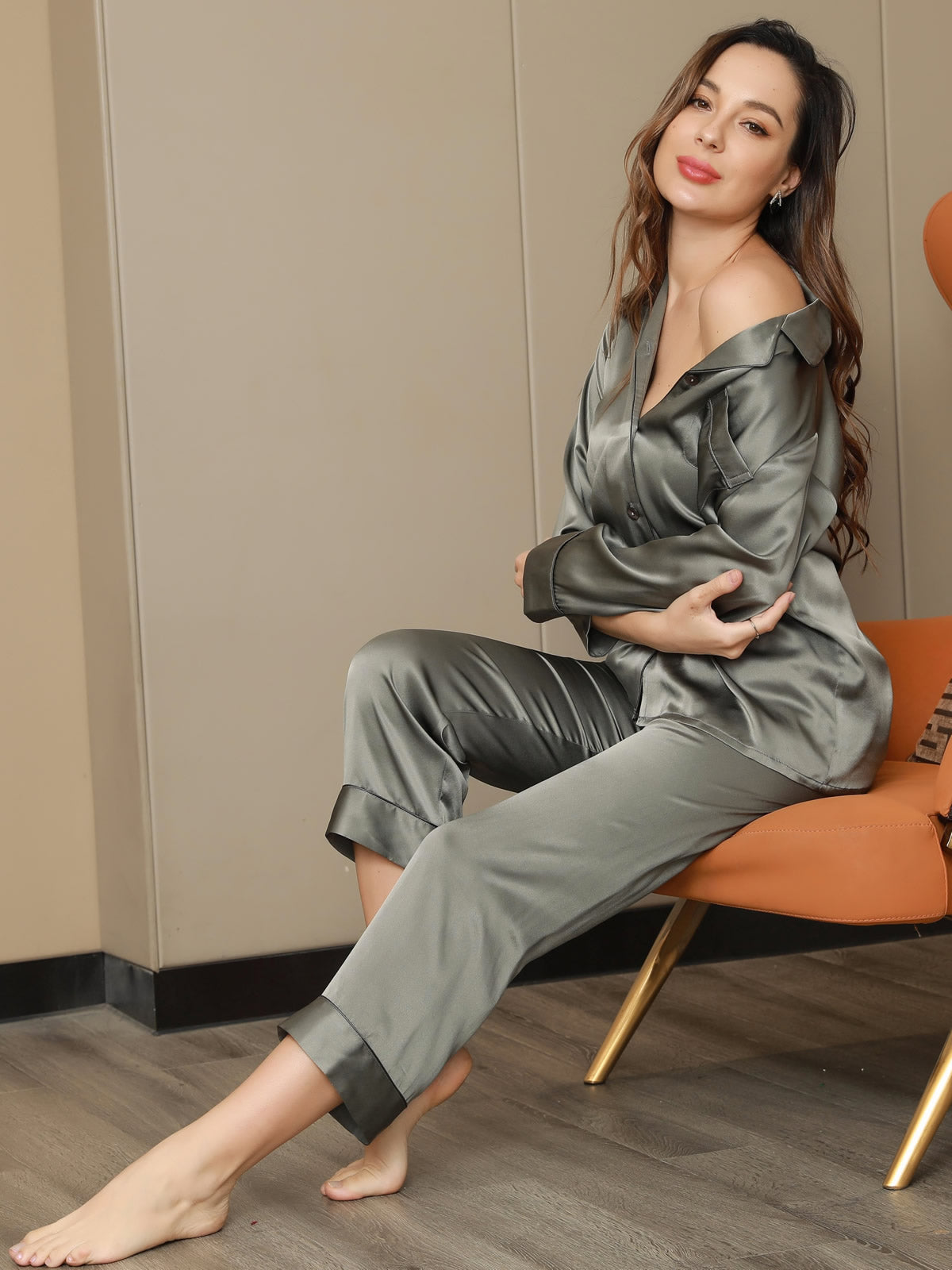 [Vert Grisâtre] SilkSilky-FR Pure Soie Manches longues Womens Pajamas 001