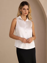 [Gris Clair] SilkSilky-FR Sleeveless Lapel Collar Femme Chemise 005