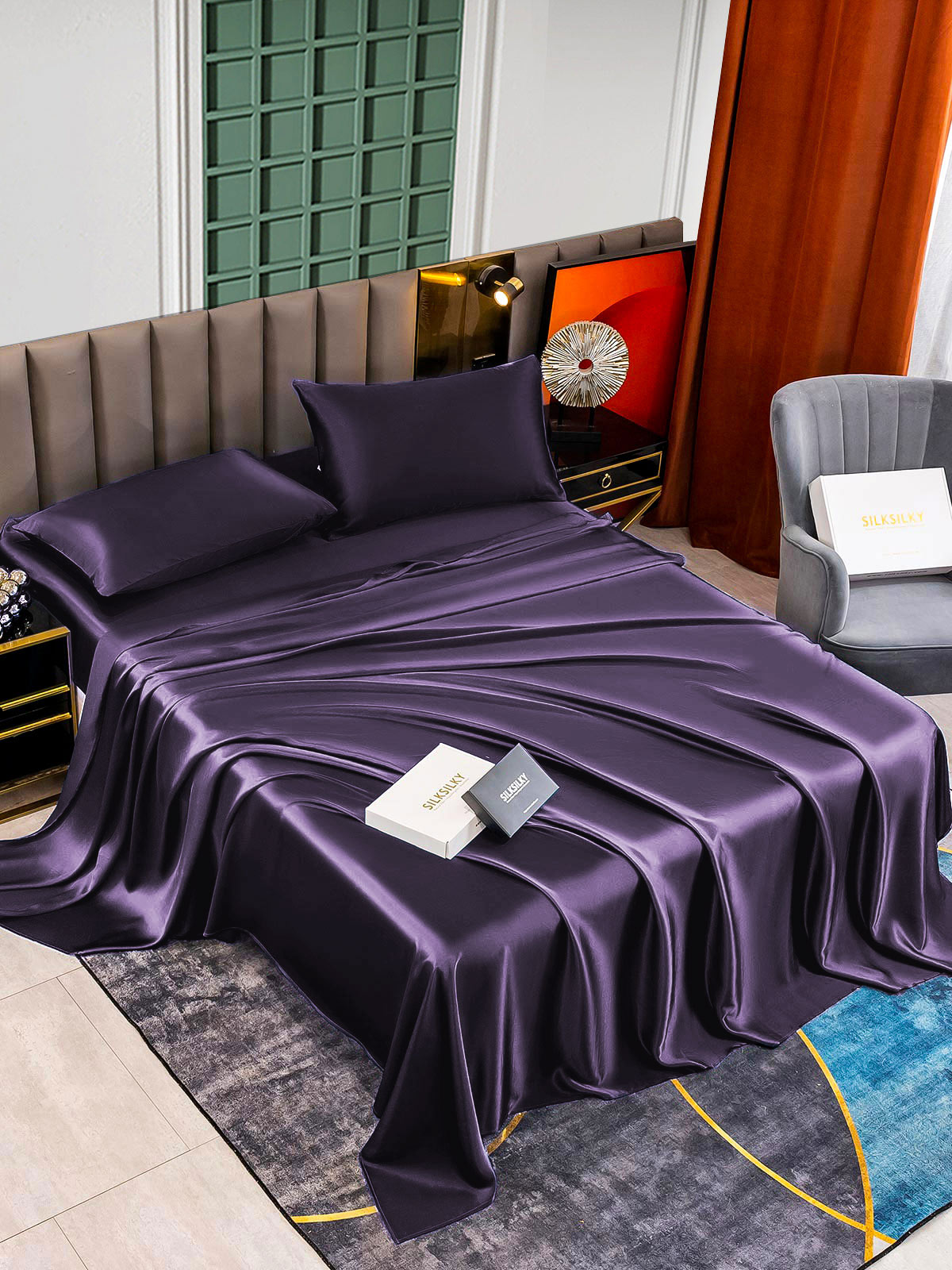 [Violet Foncé] SilkSilky-FR 22Momme Pure Soie Bedding Set 002,