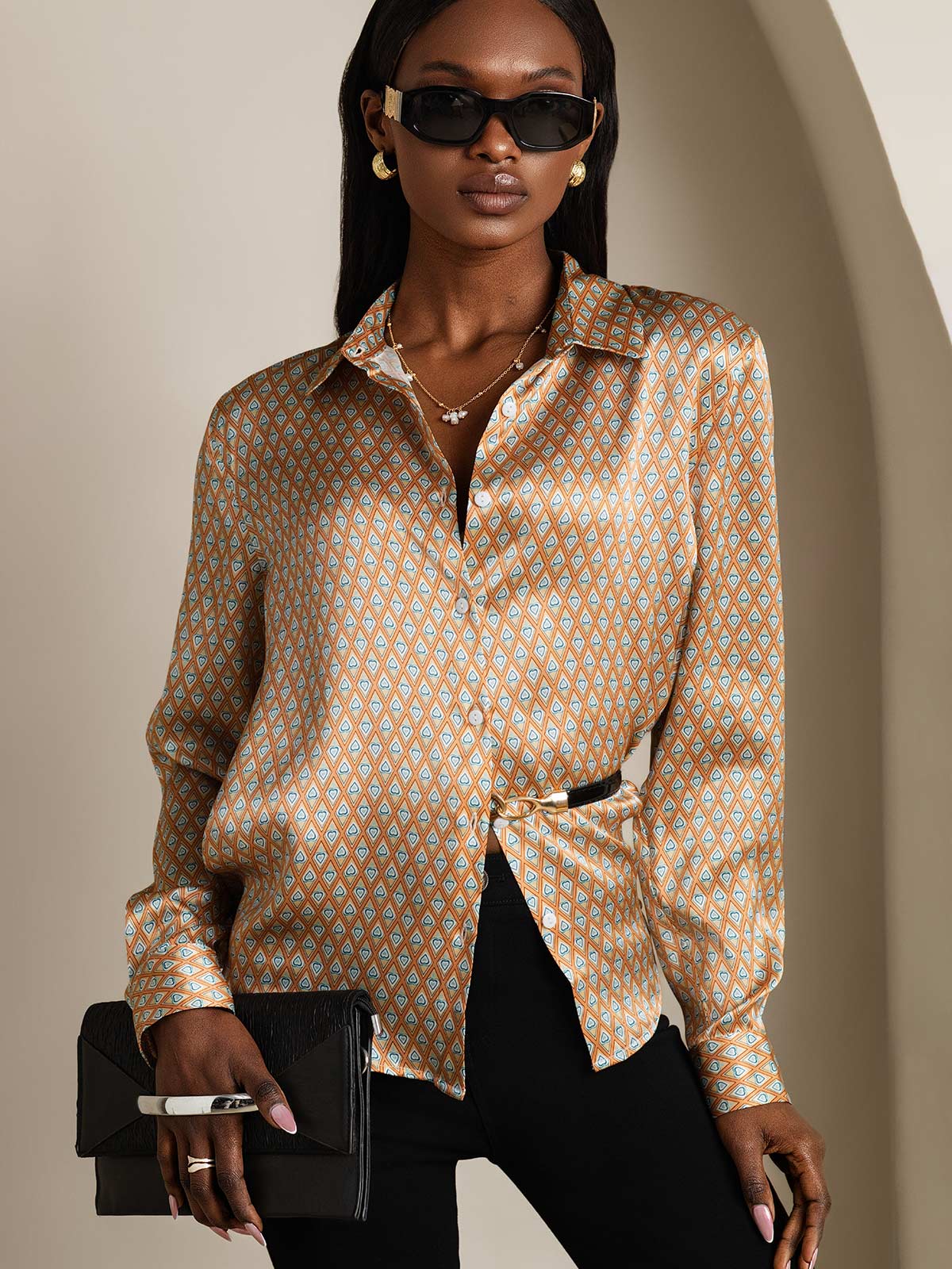 [Floral] SilkSilky-FR 19Momme Manches longues Col à Revers Femme Chemise 003