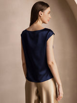 [Bleu Foncé] SilkSilky-FR Cap Sleeve Cowl Neck Femme T-Shirt 002