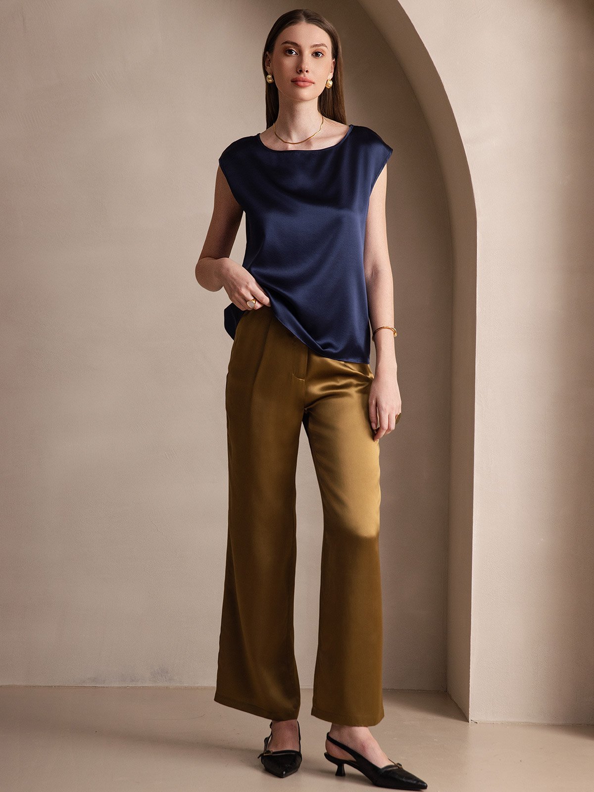 [Bleu Foncé] SilkSilky-FR 19Momme Soie Col Rond Femme T-Shirt 005