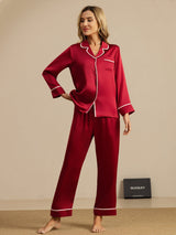 [Rouge Vineux] SilkSilky-FR Manches longues Col Cranté Femme Pyjamas 001