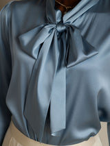 [Bleu Grisâtre] SilkSilky-FR Long Sleeve Tie Neck Blouse 008