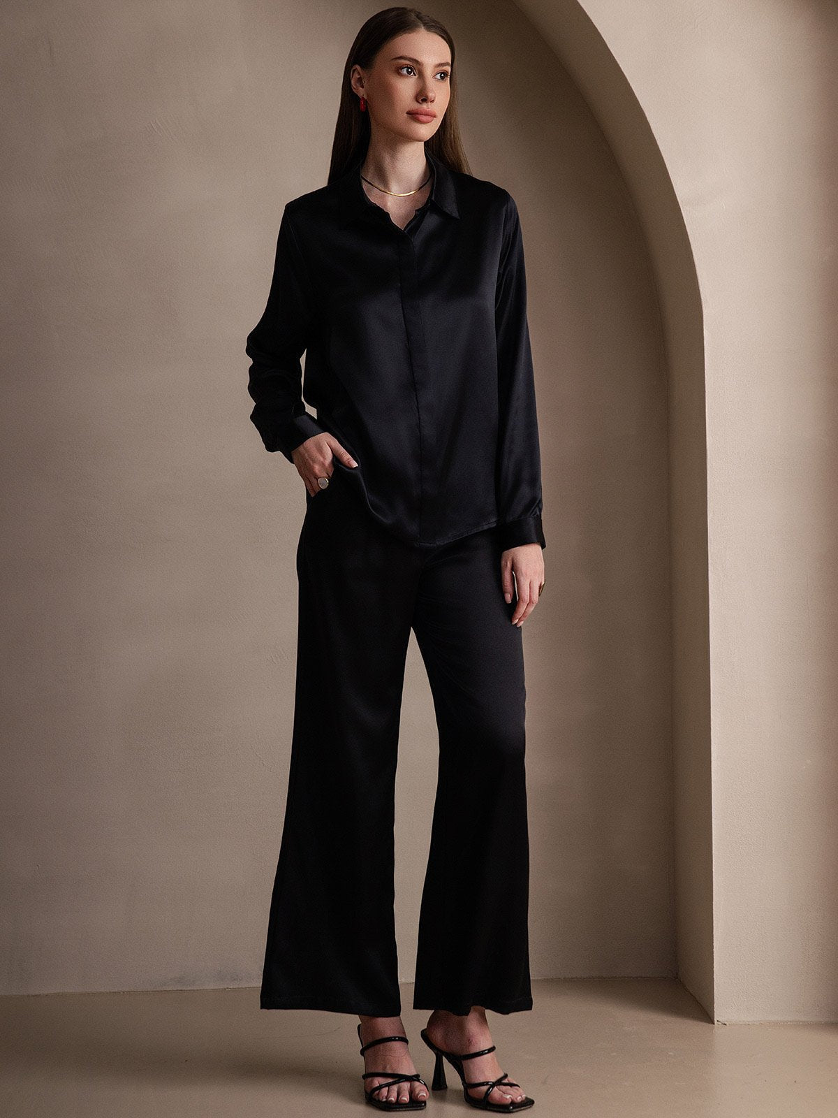 [Noir] SilkSilky-FR 19Momme Soie Manches longues Col Chemise Femme Chemise 006