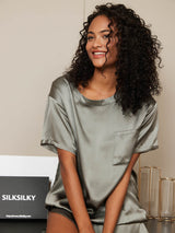 [Vert Grisâtre] SilkSilky-FR Manches courtes Col Rond Femme Pyjamas 005