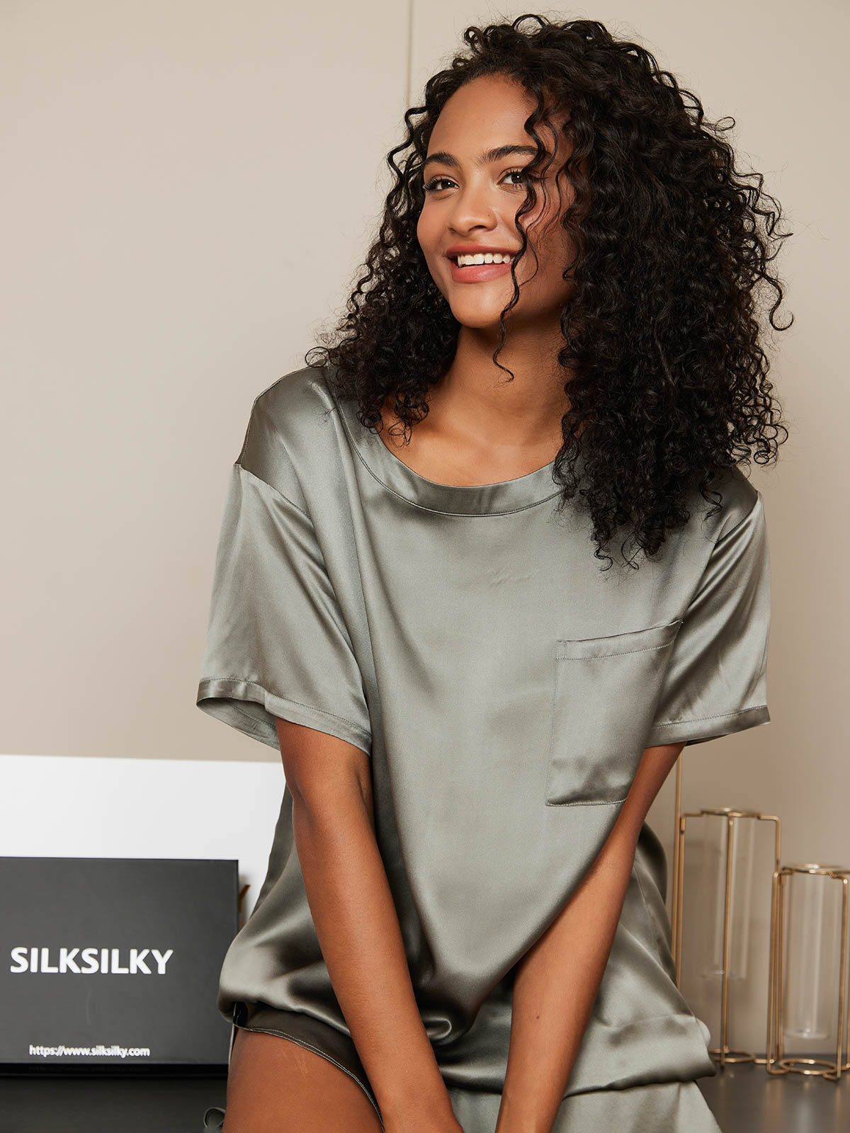 SilkSilky-FR Pure Soie Manches courtes Col Rond Femme Pyjamas VertGrisâtre 006