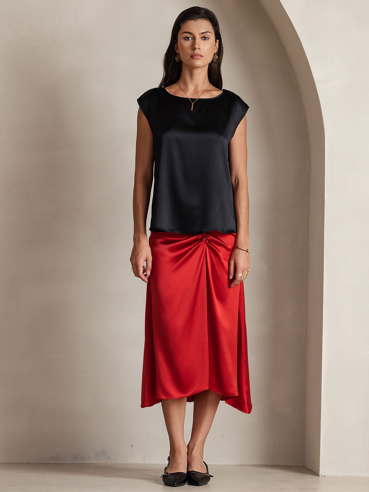 [Noir] SilkSilky-FR 19Momme Soie Col Rond Femme T-Shirt 004