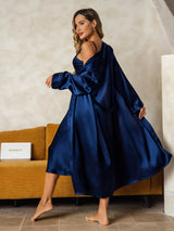 [Bleu Foncé] SilkSilky-FR Long Sleeve V Neck Peignoir&Robe de Chambre 002