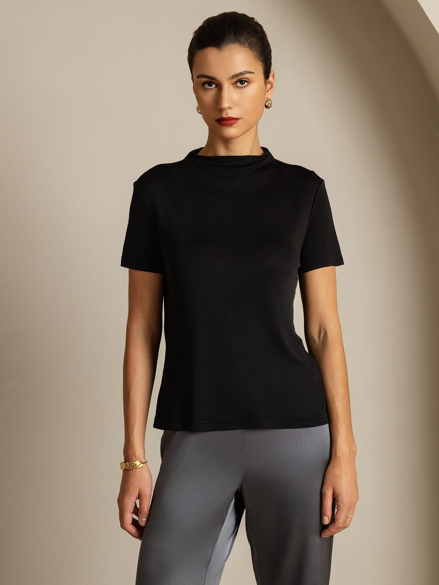 [Noir] SilkSilky-FR Soie Col Chemise Femme T-Shirt 003