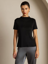 [Noir] SilkSilky-FR 100% Silk Jersey Short Sleeve Mock Neck Femme T-Shirt 003