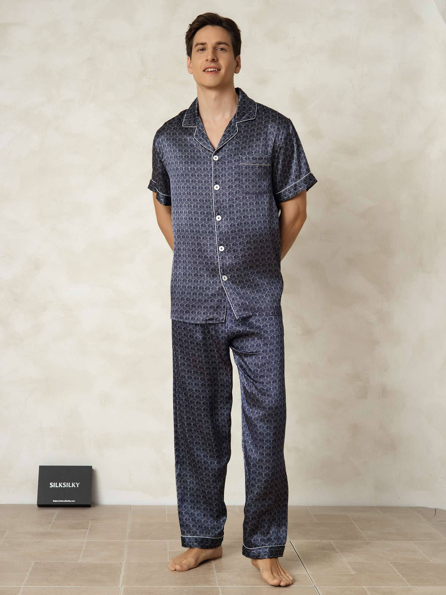 [GinkgoMarine] SilkSilky-FR Soie Col Chemise Homme Pyjamas 006