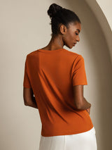 [Orange] SilkSilky-FR Short Sleeve V Neck Femme T-Shirt 002