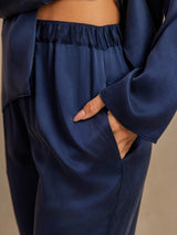 [Bleu Foncé] SilkSilky-FR 19Momme Manches longues Col Cranté Femme Pyjamas 005