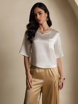 [Blanc] SilkSilky-FR Manches mi-longues Encolure Dégagée Femme T-Shirt 003