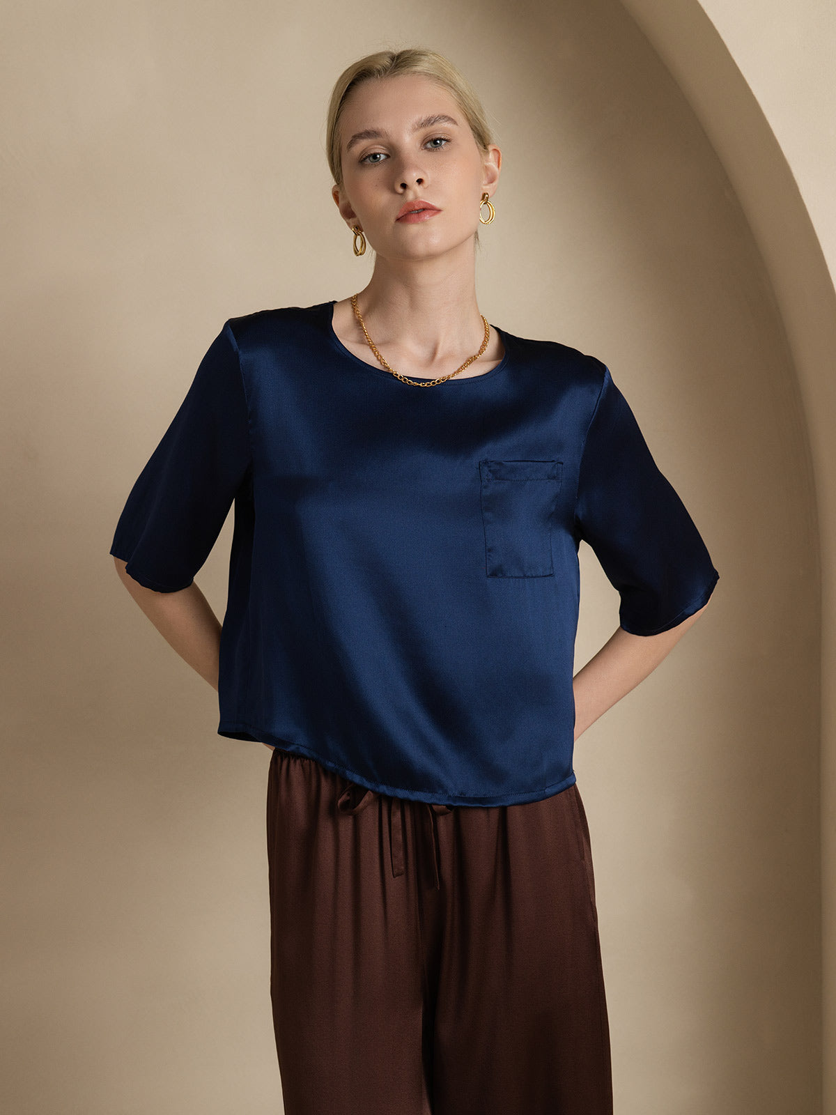 [Bleu Foncé] SilkSilky-FR Pure Soie Manches mi-longues Col Bateau Femme T-Shirt 001