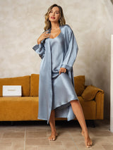[Bleu Grisâtre] SilkSilky-FR Long Sleeve V Neck Peignoir&Robe de Chambre 005