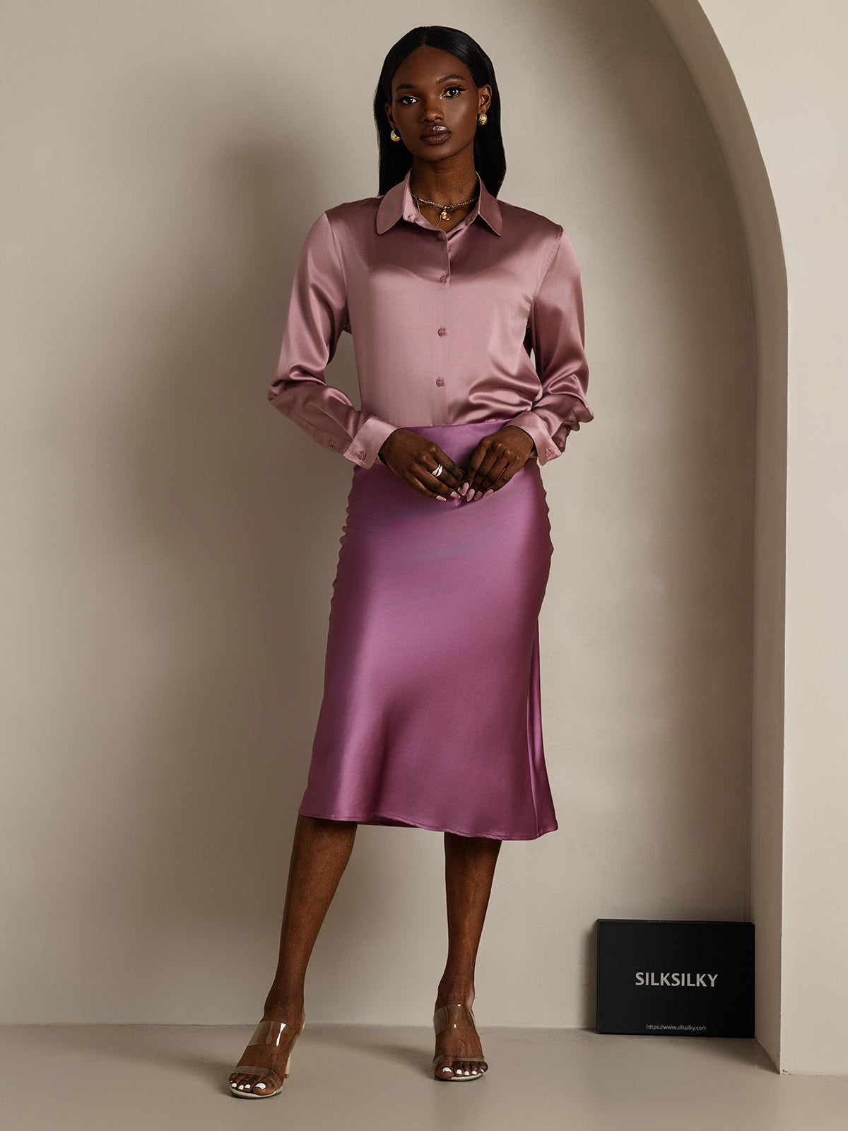 [Violet Foncé] SilkSilky-FR 19Momme Pure Soie Skirt 007,