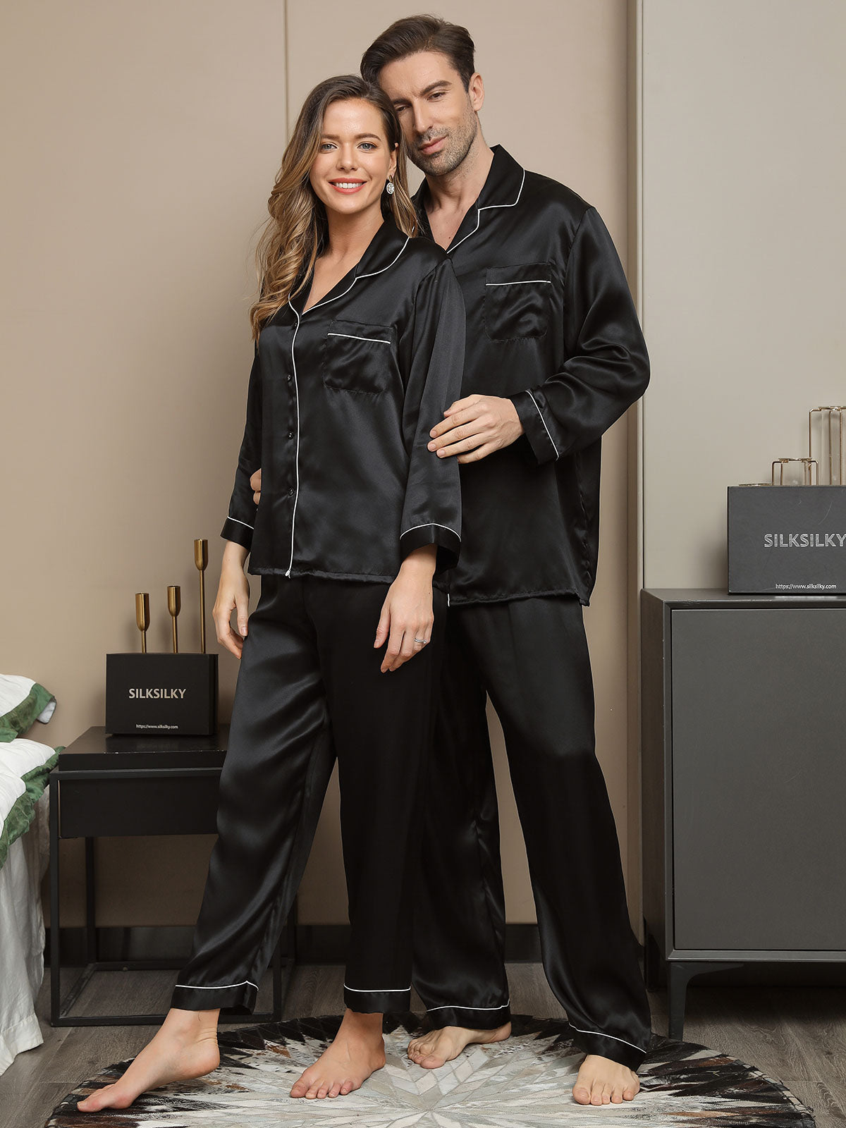 SilkSilky FR Pure Soie Manches longues Couple Noir 003