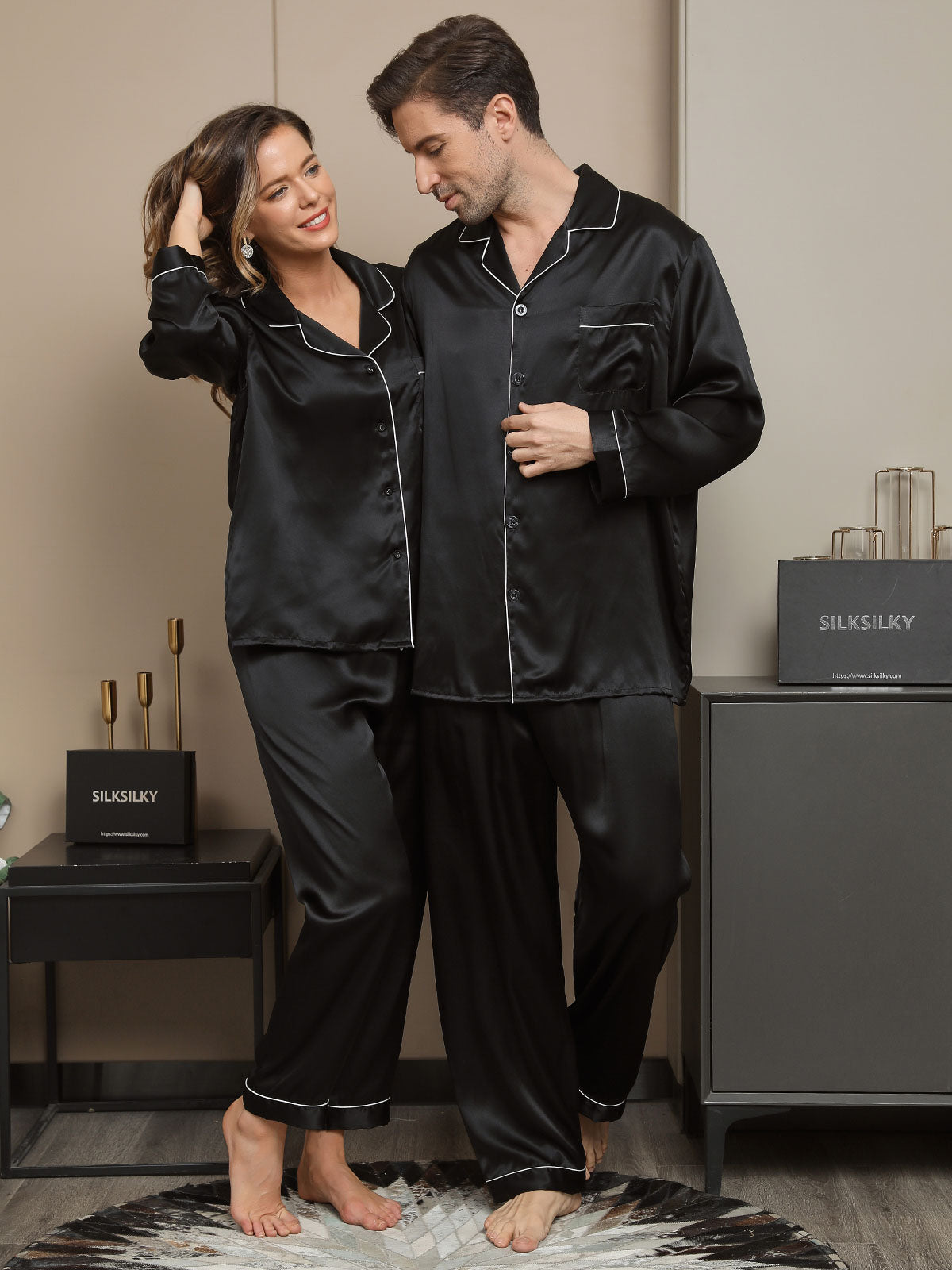 SilkSilky FR Pure Soie Manches longues Couple Noir 002