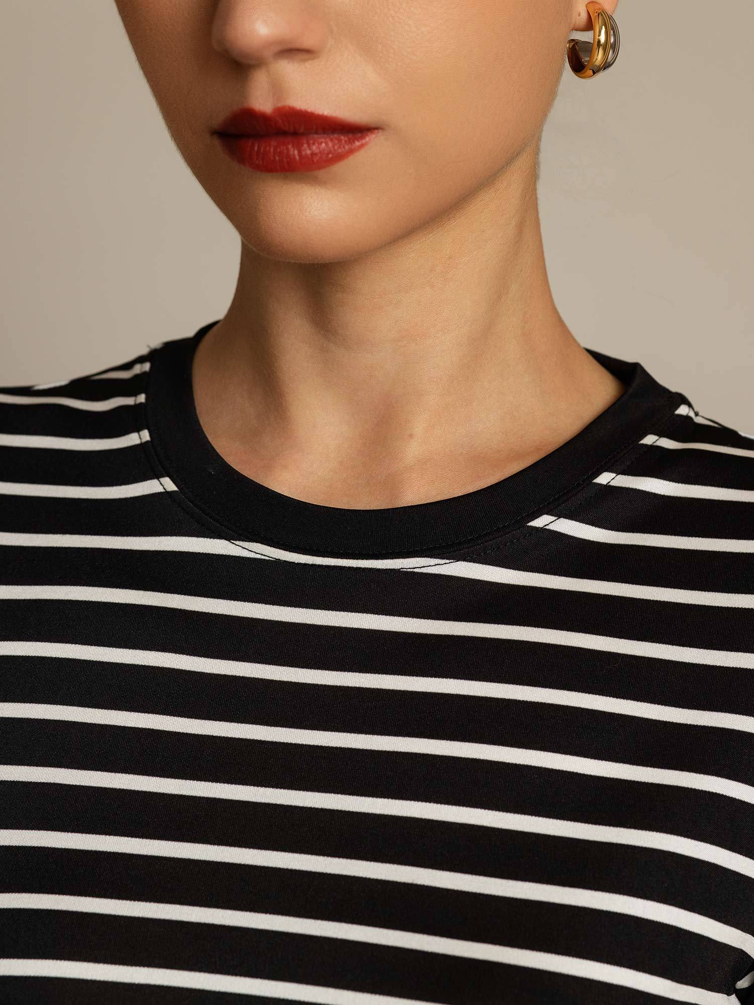 [RayureNoire] SilkSilky-FR Soie Col Rond Femme T-Shirt 004