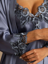 [Bleu Acier] SilkSilky-FR Soie Trois-quart Womens Pajamas 004