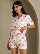 [Rouge À Lèvres Blanc] SilkSilky-FR Short Sleeve Notch Collar Femme Pyjamas 003