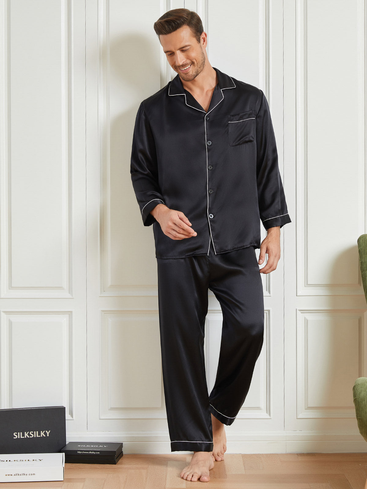 SilkSilky FR 19Momme Pure Soie Manches longues Revers Homme Pyjamas Noir 003