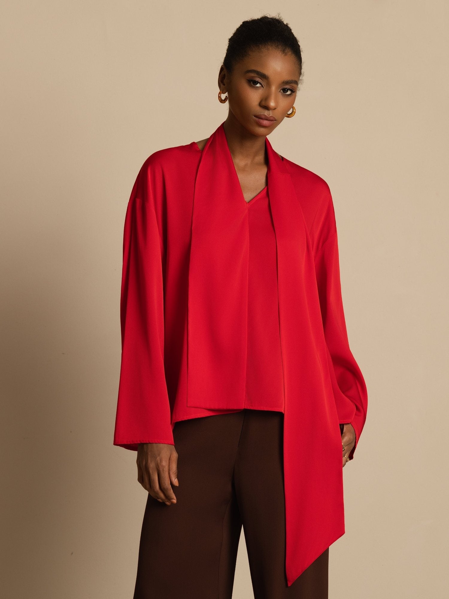 [Rouge Vineux] SilkSilky-FR 19Momme Soie Manches longues Col V Blouse 004