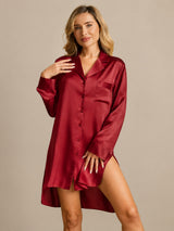 [Rouge Vineux] SilkSilky-FR Long Sleeve Lapel Collar Chemise pour dormir 003